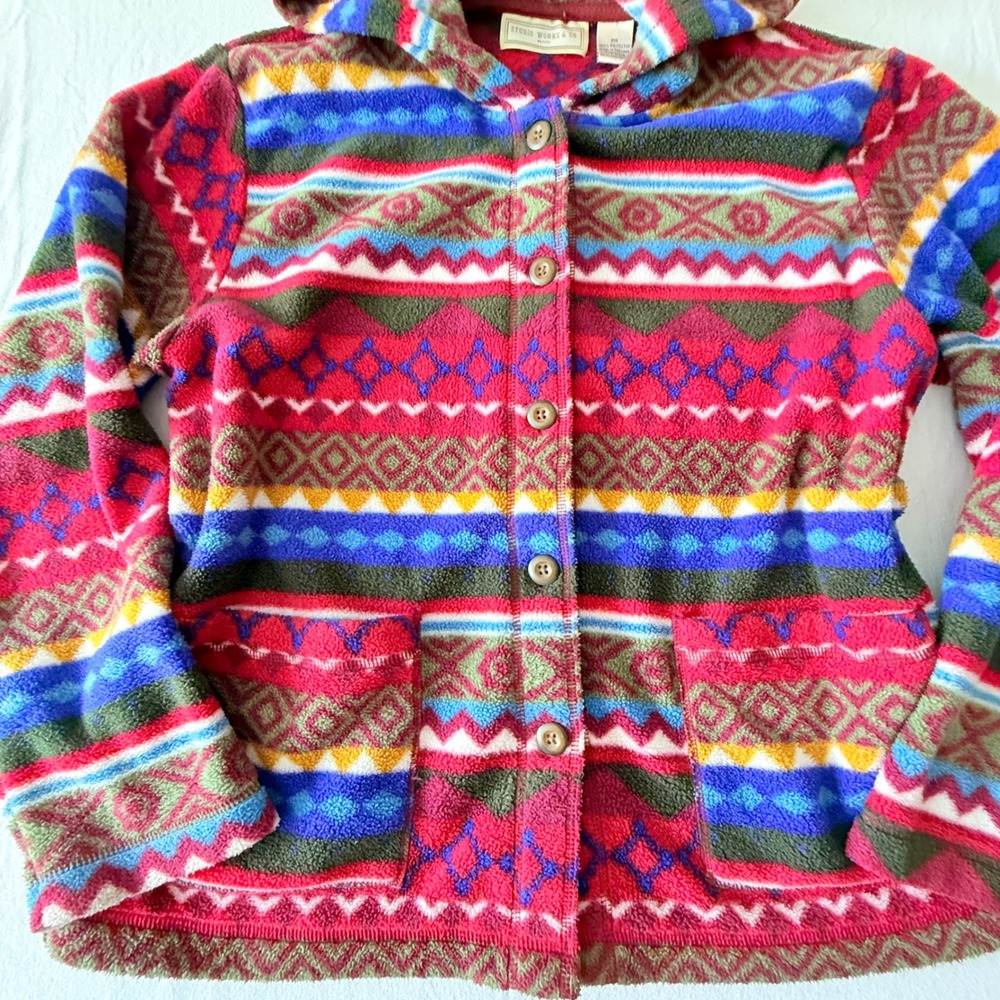 Vintage Studio Works Fleece Hoodie Women Geometric Aztec Button 90s - Picture 3 of 11